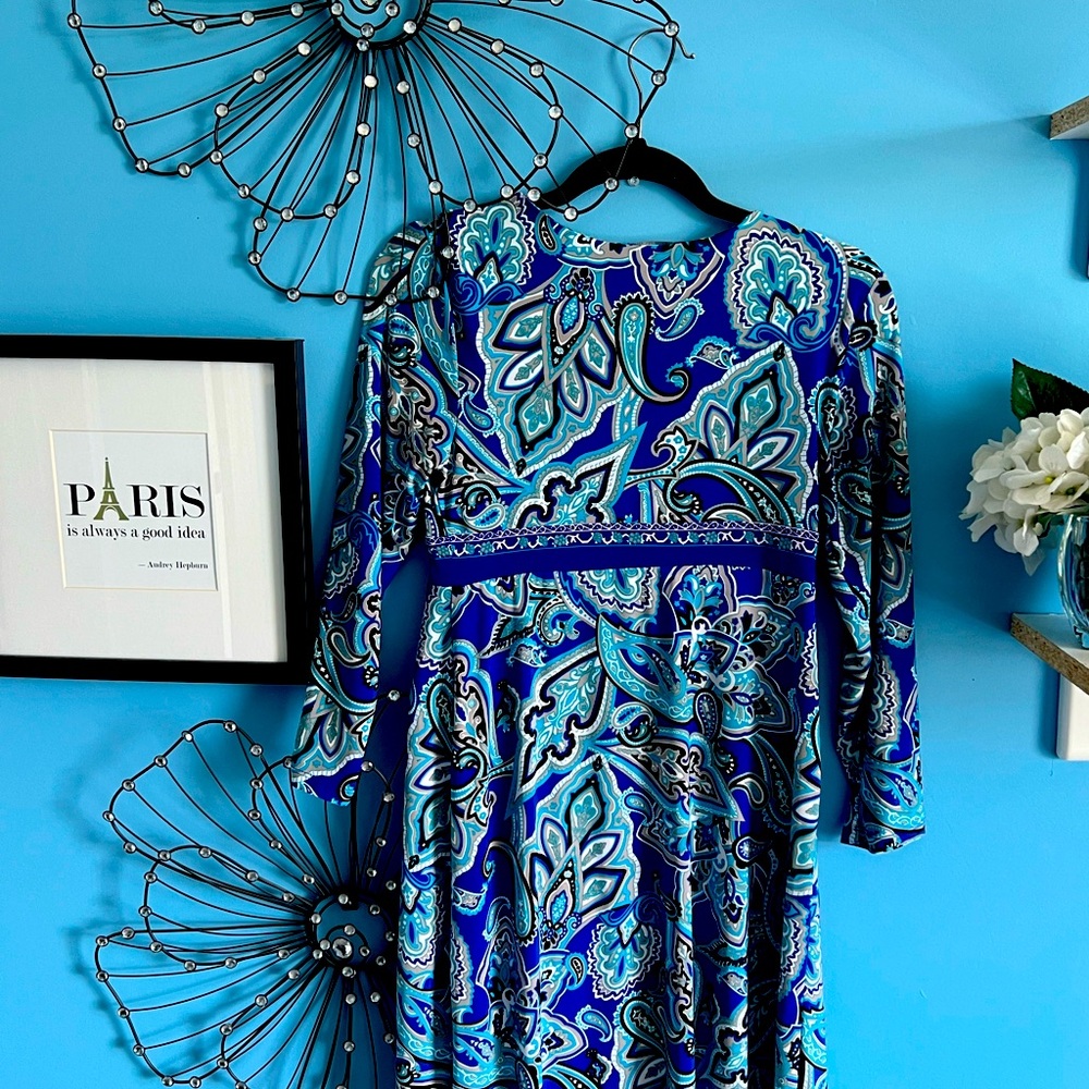 INC blue patterned faux wrap dress. Size medium.
